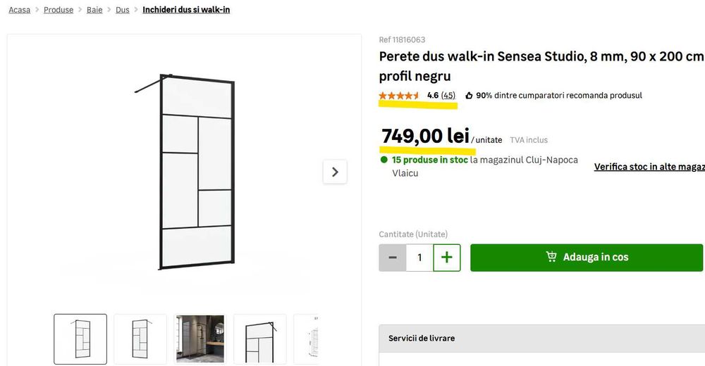 Perete dus walk-in Sensea Studio, 8 mm, 90 x 200 cm, profil negru