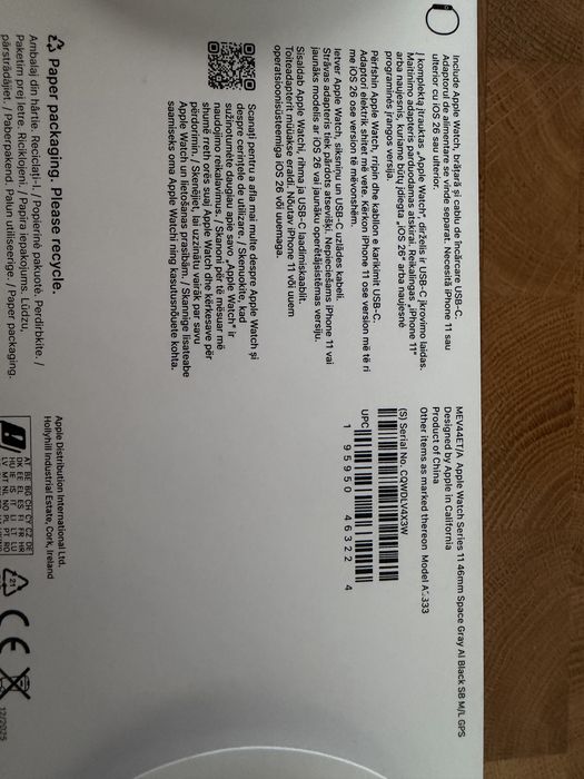 Apple Watch 11, GPS, 42 mm, Space Grey Aluminium Case, Black Sport Band - M/L