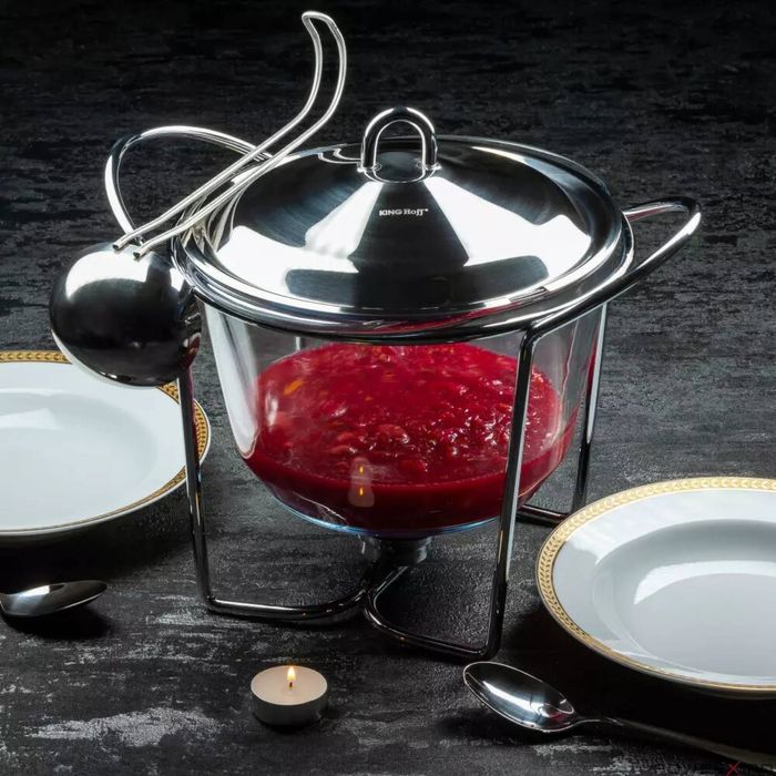 Vas termorezistent rotund adanc, pentru servit mancare, cu capac din