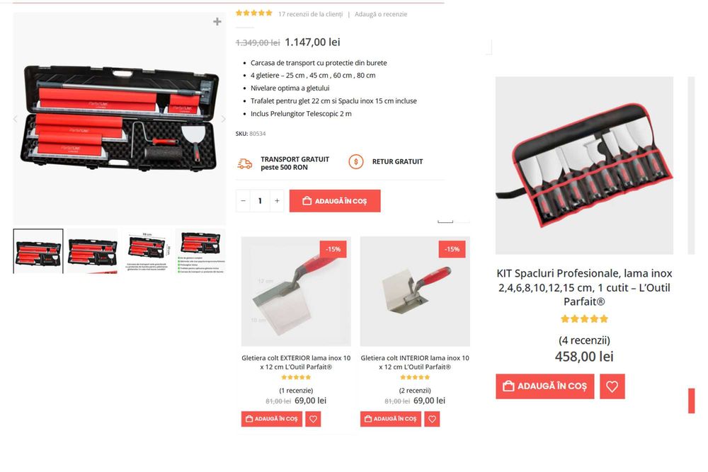 Set profesional gletiere + șpacluri L’Outil Parfait – complet, 1200 lei