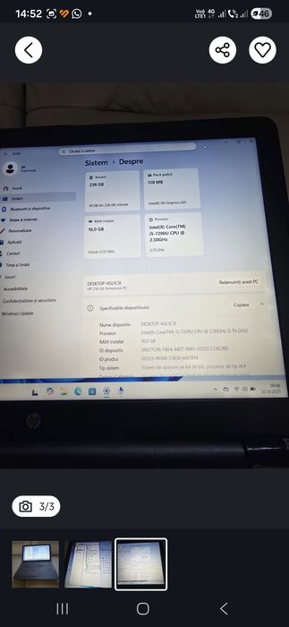 Laptop HP 250 G6, i5-7200, ram 16gb, ssd 256gb, bat 3h