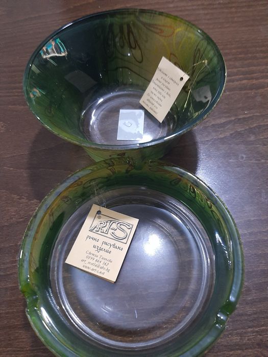 нови купичка за ядки и пепелник рисувано стъкло и съд ,фруктиера