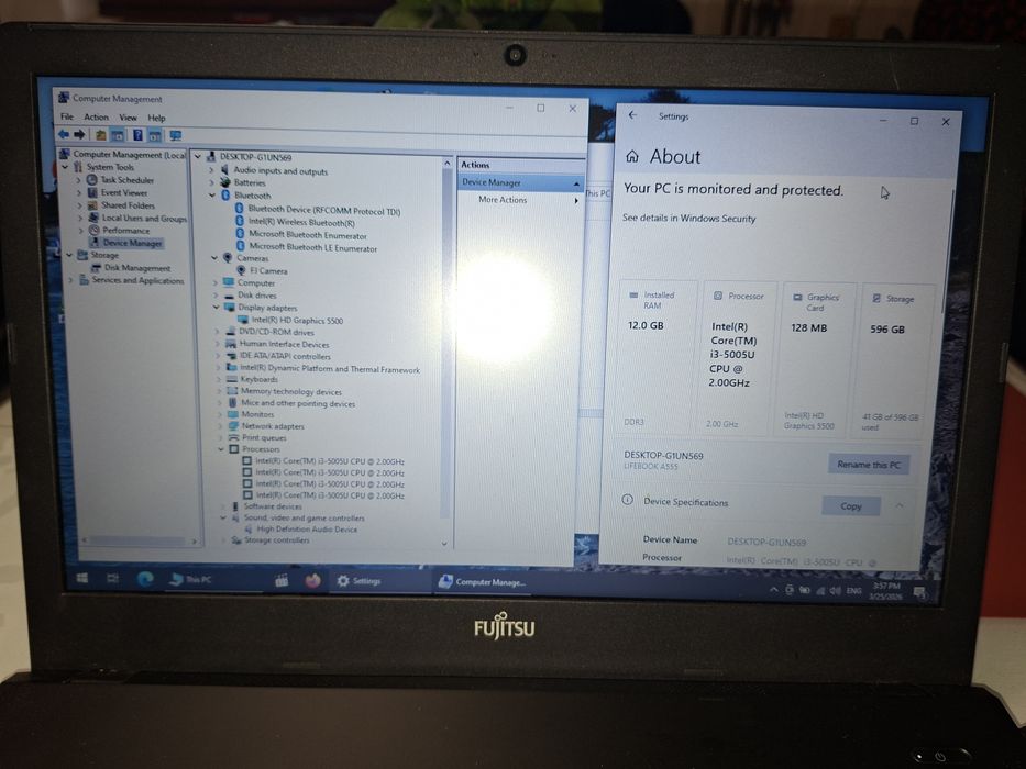 Fujitsu A555 cu Intel i3, gen5, 12 gb ram, Bluetooth,  baterie ok