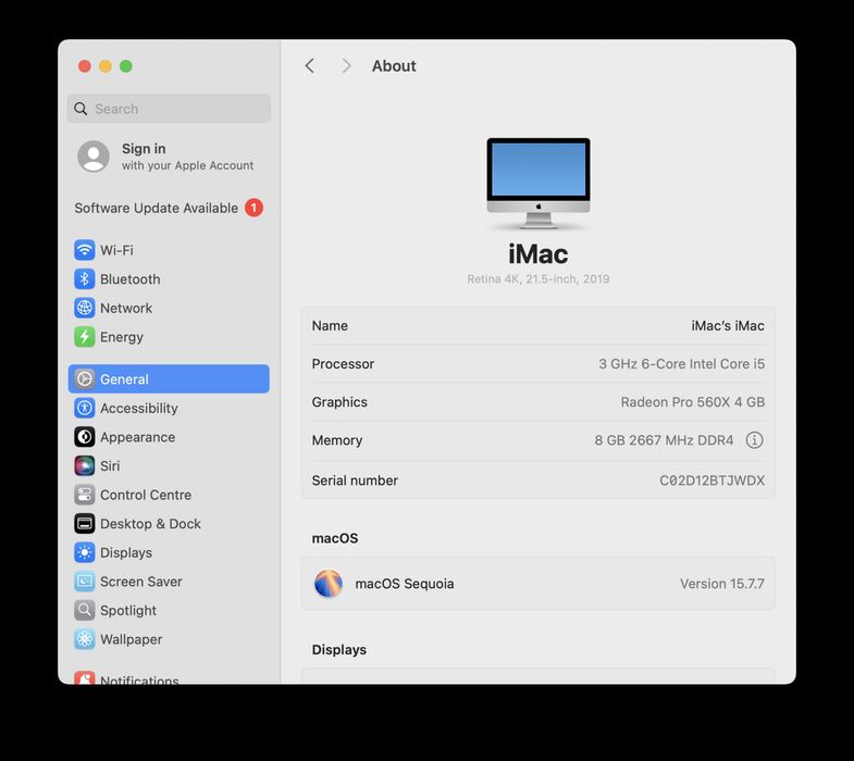 iMac 21.5" Retina 4K 2019 — i5 3 GHz, Radeon Pro 560X, 1TB Fusion Drive