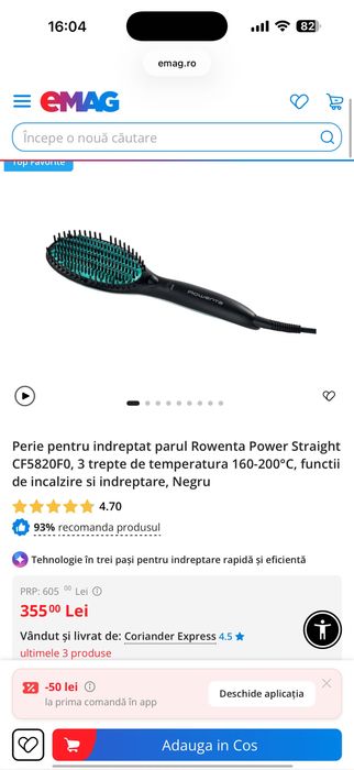 Perie pentru indreptat parul Rowenta Power Straight CF5820F0, 3 trepte de temperatura 160-200°C, functii de incalzire si indreptare, Negru