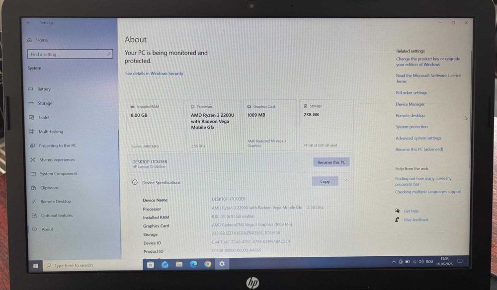 Laptop 15" HP Model 15-db0048nq SSD M.2 NVME