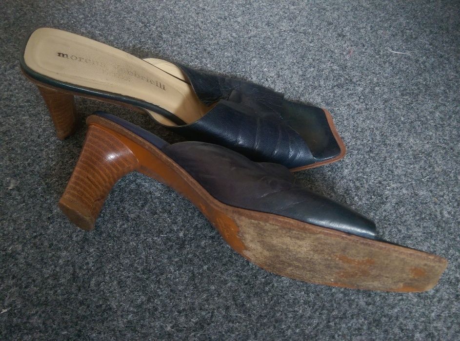 Papuci cu toc, piele, navy