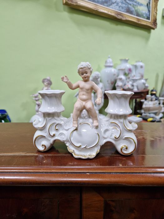 Рядък уникален антикварен порцеланов свещник Schau bach kunst