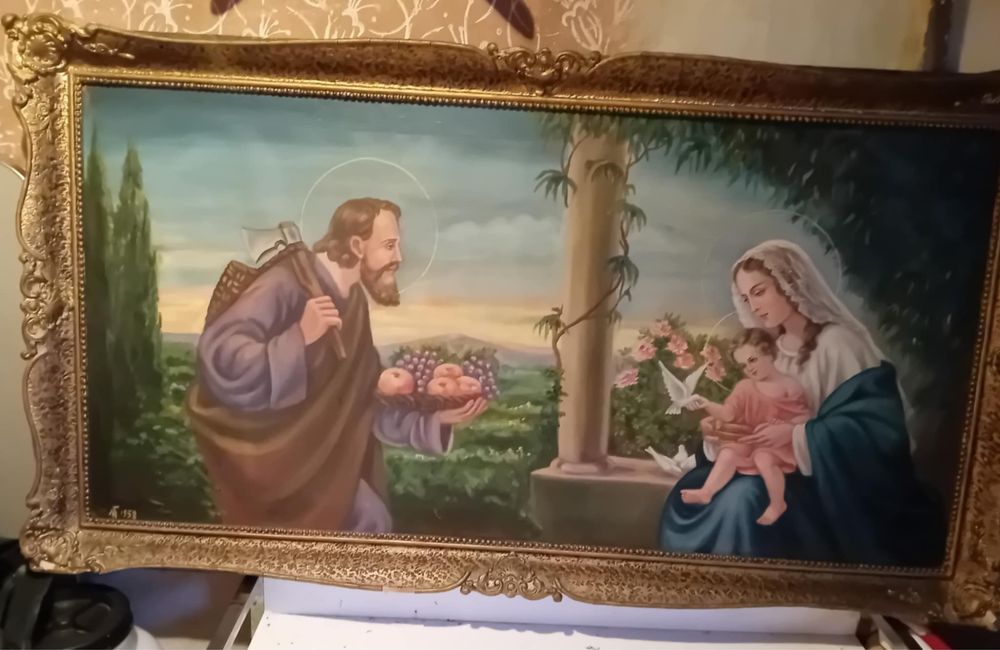 Tablou religios pictat manual – 1958, semnat, cu ramă vintage