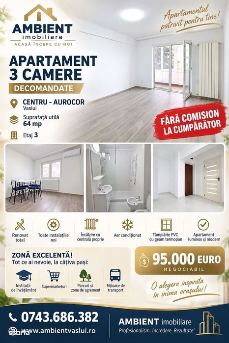 Apartament cu 3 camere, etaj 3, renovat total, VASLUI zona CENTRU-AURO — fotografia 1