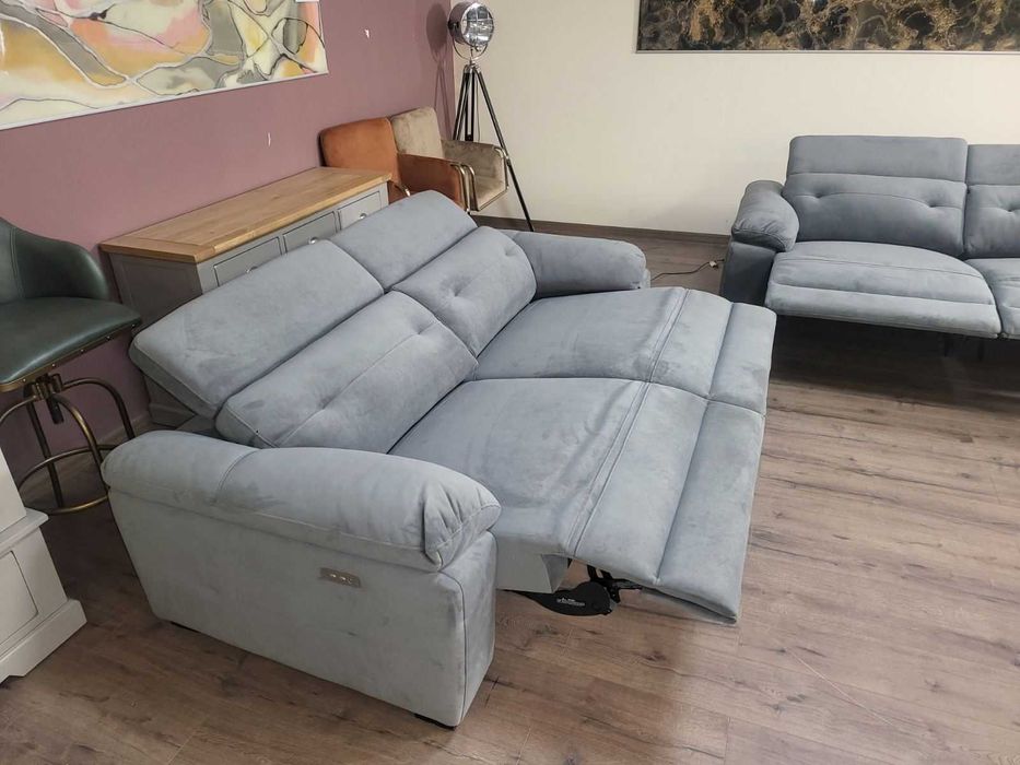 Сив комплект дивани от плат две тройки с ел релакс механизъм