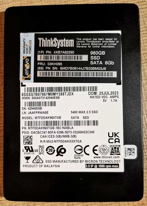 2,5" SSD 960Gb Thinksystem FRU: 03KH095, Micron 5400 MAX SATA 6Gb/s