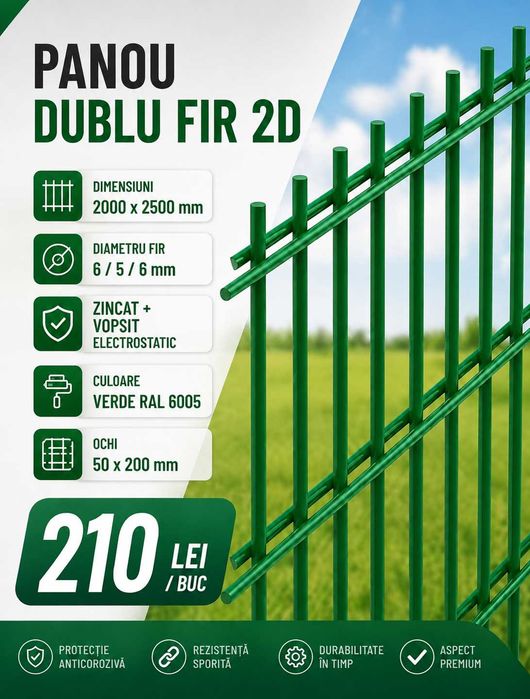 Panou gard dublu fir 2D  6/5/6 – 2000x2500 mm, zincat + vopsit, RAL 6005