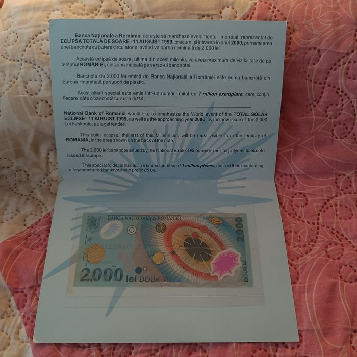 Vând bancnotă 2000 lei eclipsa 1999
