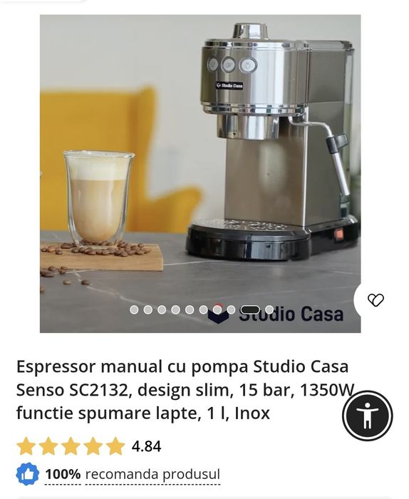 Espressor manual cafea  Studio Casa Senso SC2132, design slim, inox
