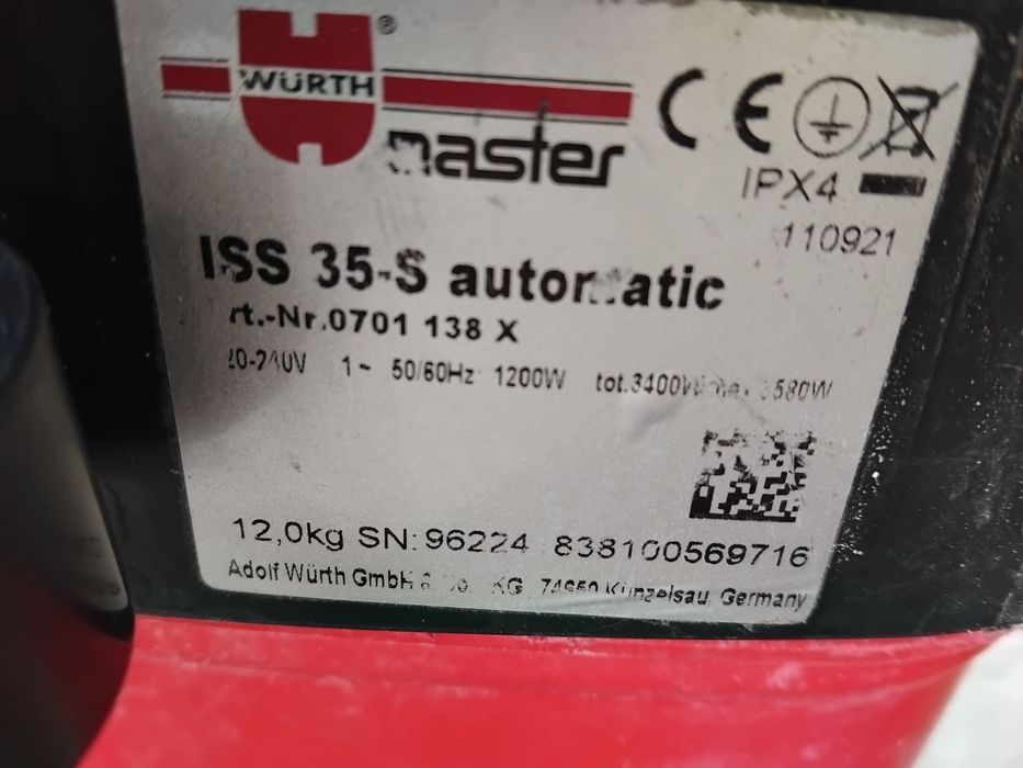 Прахосмукачка  Wurth/Master 3400Wat  със Опция Контакт Автоматично почистване на филтъра  за Сухо Мокро Строителство  Гипс Картон