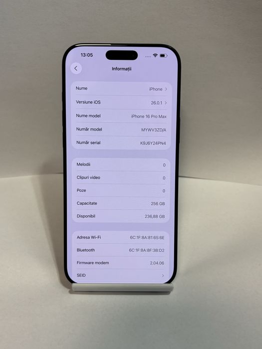MDM vinde: Iphone 16 Pro Max, 256GB, Black Titanium.