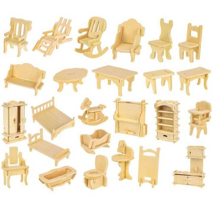 Set mobilier din lemn casa papusi 34 piese miniaturi DIY pt. asamblat