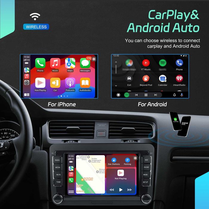 Navigatie Android Auto 7inch 4GB RAM 64GB ROM CarPlay GPS WiFi Bluetooth Octa-Core VW Passat Golf Polo Jetta Sharan Skoda Seat Android 15, Plug&Play