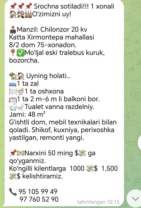 1 xonali uy sotiladi