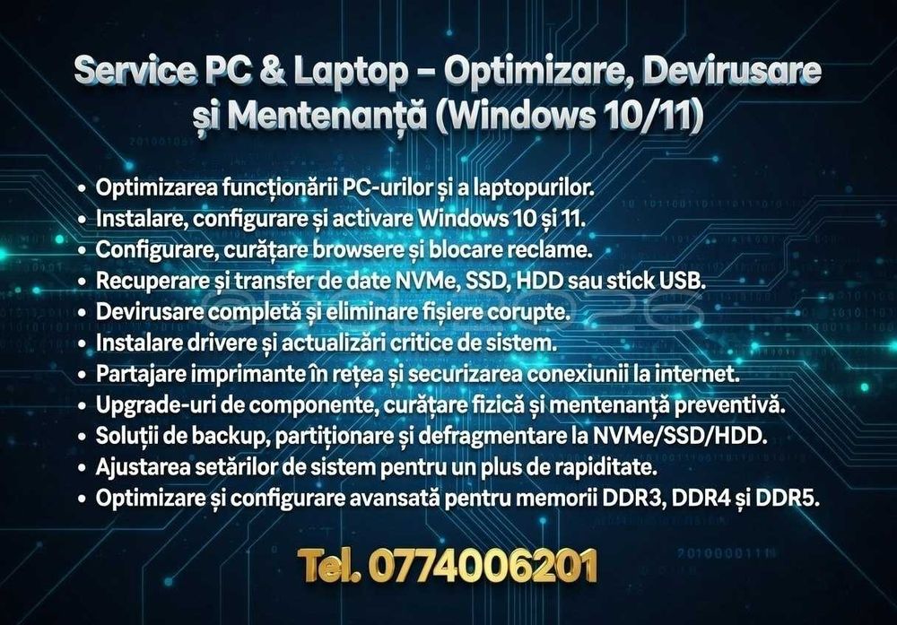 Service PC, Laptop, Imprimante la Domiciliu – Timiș Vest, Timișoara