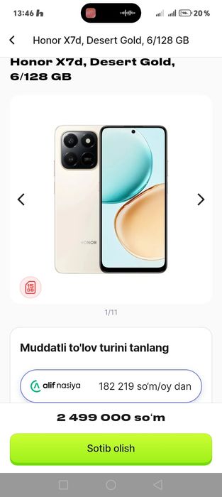 Honor x7d.   1 yil garantiya.