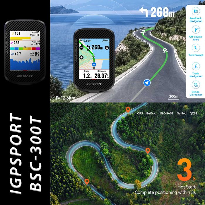 GPS вело компютър IGPSPORT BSC-300T, 2.4" тъчскрийн дисплей (320x240), Тегло: 67г, Bluetooth