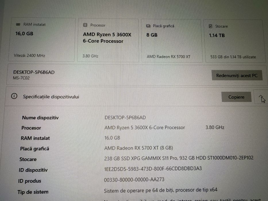 Unitate PC Gaming:Ryzne 5 3600X-6 Core/16GB Ram/RX 5700XT -8GB/256GB SSD/1TB  HDD