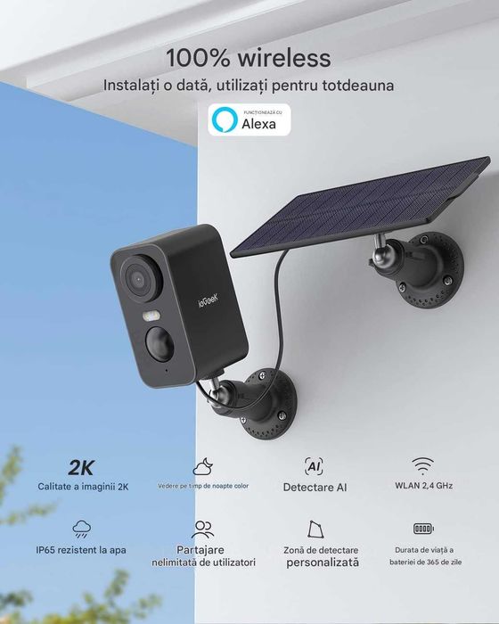Cameră de supraveghere solară pentru exterior ieGeek 2K, baterie de 5200 mAh, supraveghere WiFi pentru exterior, detectare mișcare PIR