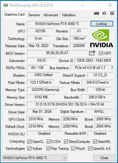 Видеокарта ASUS Dual RTX 4060 Ti 8GB
