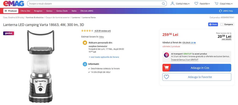 Felinar lanterna Varta LED lumina 360 grade stare perfecta