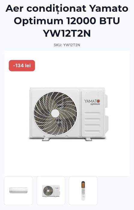 Aparat Aer condiționat YAMATO Optimum 12000BTU , 2 ani garanție +Montaj profesional, Igienizare, încărcare cu freon