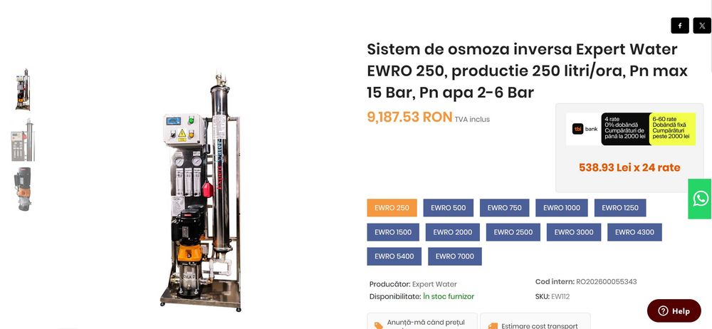 Osmoza inversa 250 l/h(RO)  - spalatorie auto, car wash, uz casnic sau industrial
