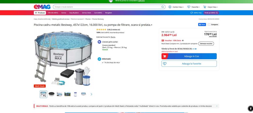 Piscina Bestway Steel Pro Max, 457x122cm, 16.000 litri, cu pompa de filtrare, scara si prelata.+  SIGILATA