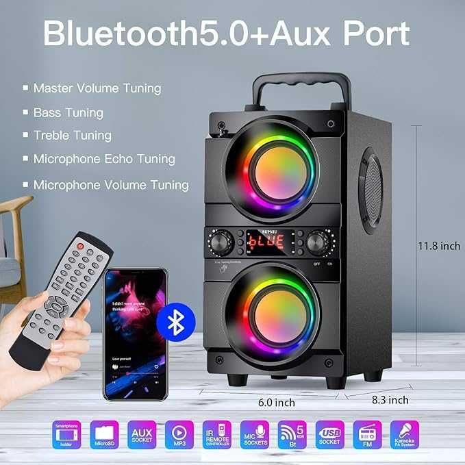 Преносим високоговорител SUPNIU с 60W мощен бас LED RGB и Bluetooth 5