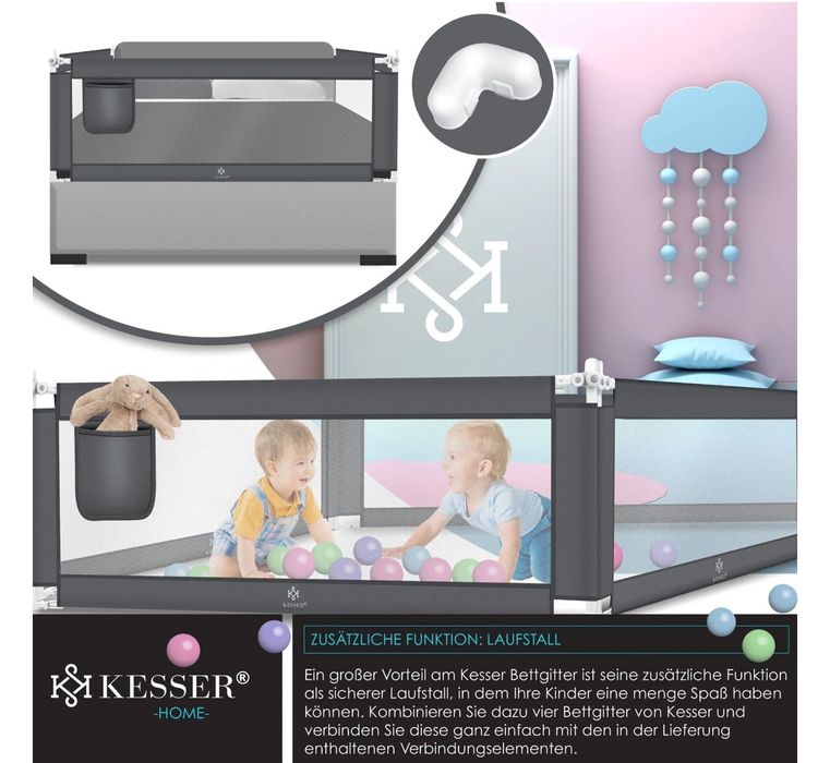 Защитна ограда за детско легло, размери 200 см x 44 см x 72-96 см