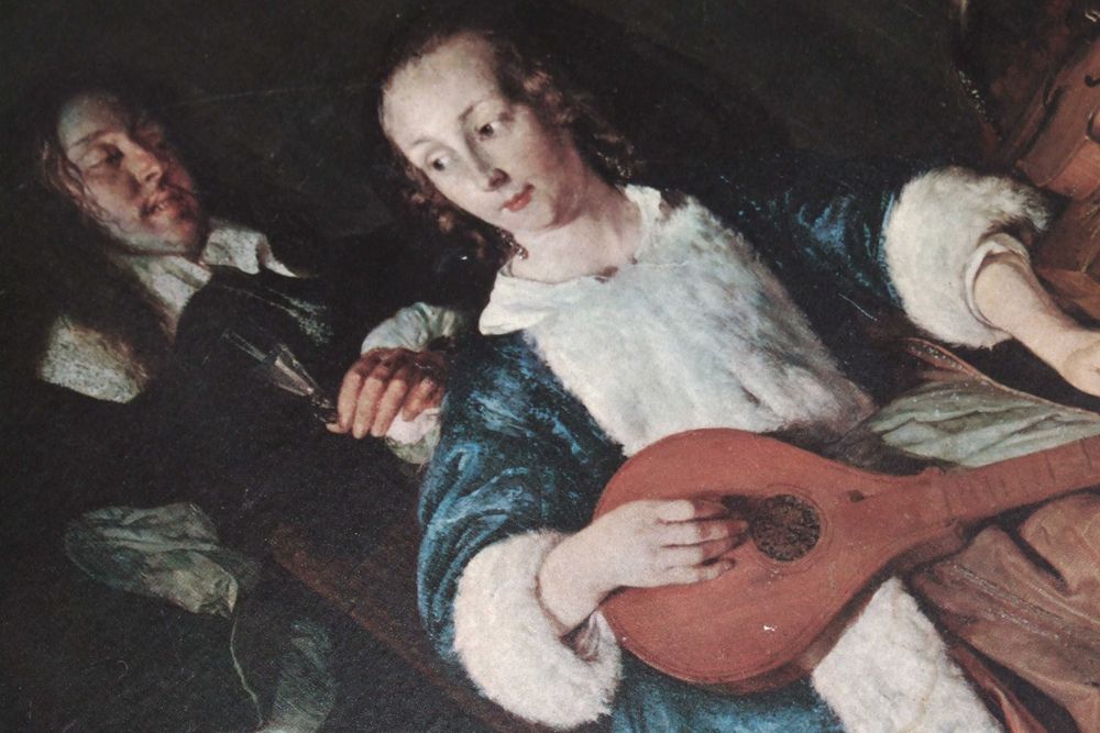 Reproducere inramata "Woman playing a lute" - "Femeie cântând la vioara", impecabil, 199 lei