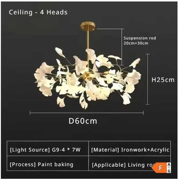 Lustra eleganta pentru living, cu frunze de Ginkgo din acril, 4 brate