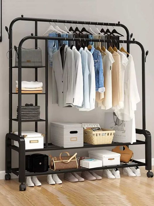 Вешалка напольная для одежды, с обувницей, на колесиках, металлическая