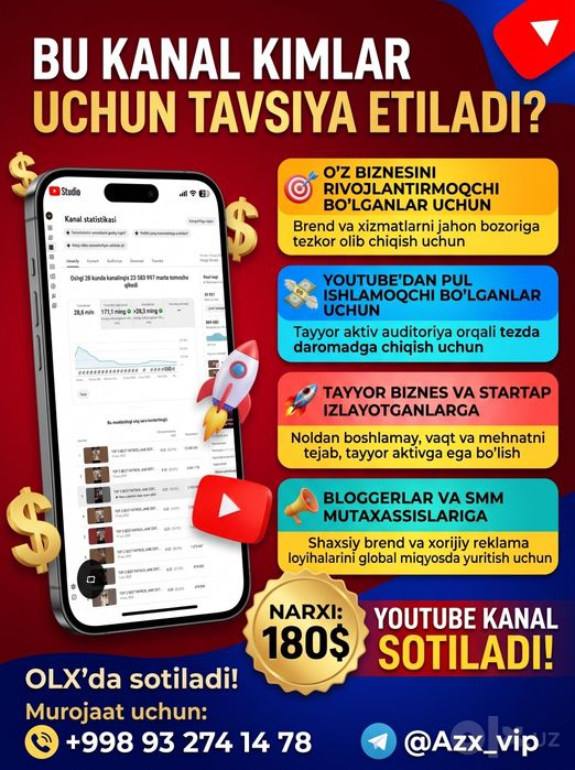 Super aktiv YouTube kanal sotiladi! 33.9K obunachi (AQSh auditoriya)