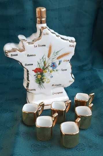 Френска сувенирна бутилка с мини чашки и троен сет от костен порцелан