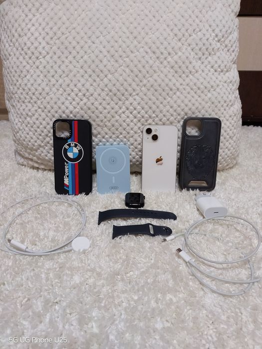 iPhone 13 и Apple Watch SE 44mm комплект с два калъфа, външна батерия, оригинални зарядни
