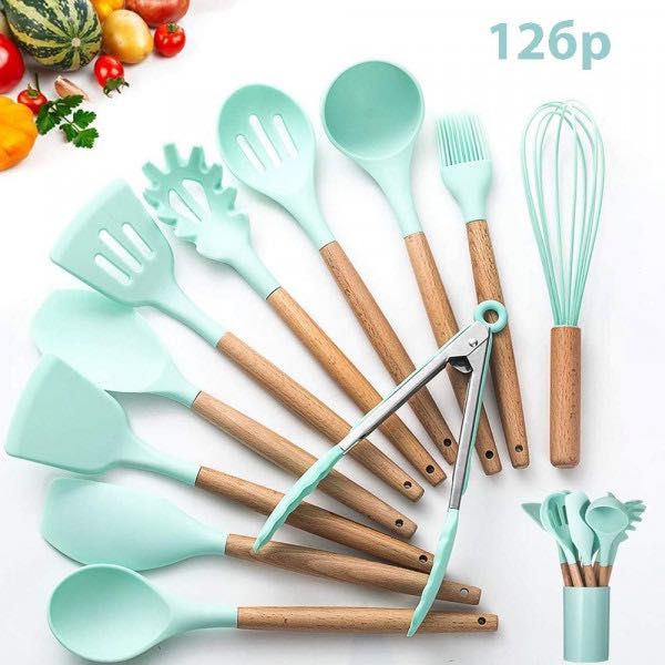 Сет 12 кухненски прибори за готвене - от естествено дърво