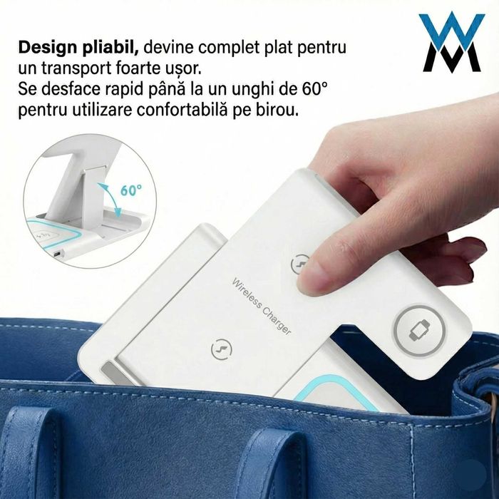 Statie Incarcare Wireless 3-in-1 Pliabila Wyred by Monga 15W Nou