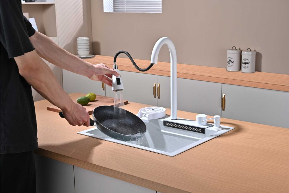 Бяла мултифункционална кухненска мивка 50см