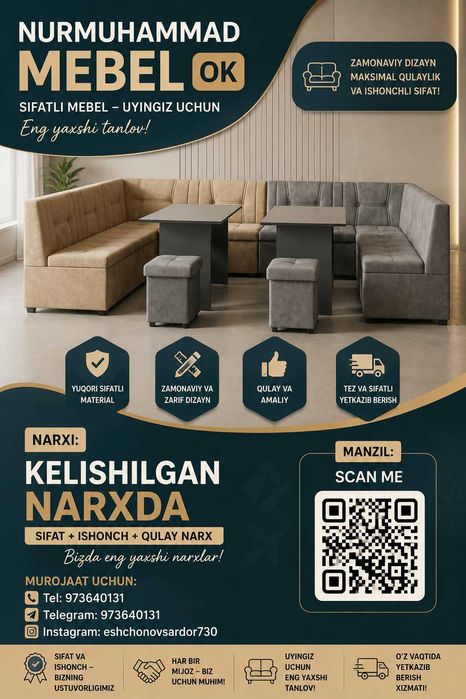 Yangi burchakli divan va stol toʻplami (Ugolok)