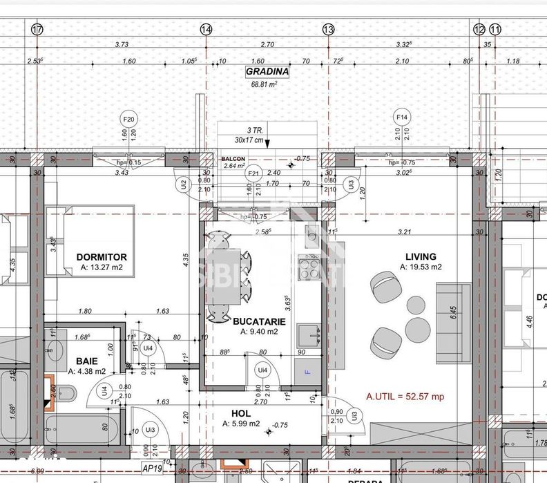 Apartament decomandat cu 2 camere-s.utila 52.57 mp, si gradina