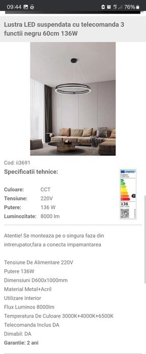 Lustra LED suspendata cu telecomanda 3 functii negru 60cm 136W