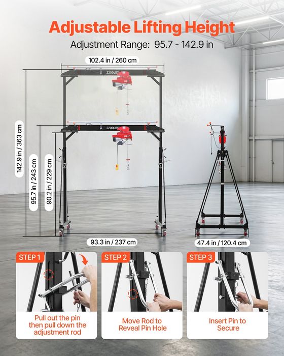 Macara portal reglabila 997,9 kg, inaltime 243-363 cm, cu carucior manual, palan electric, chingi, chei tachelaj si carlig, pentru atelier