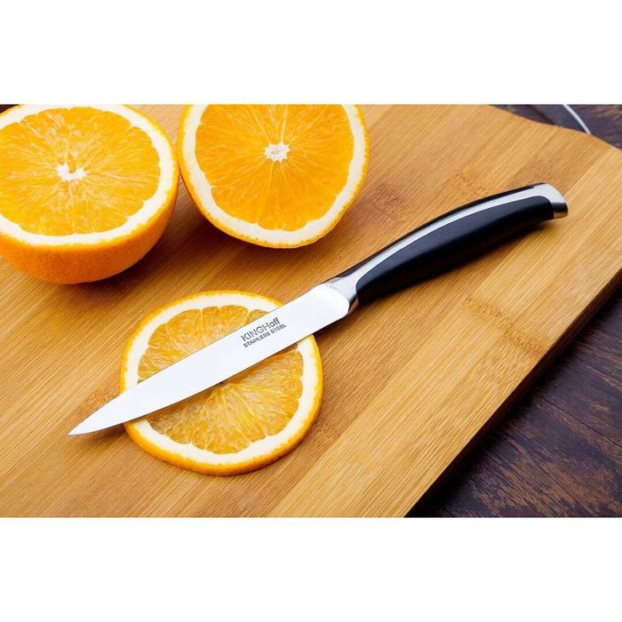 Set cutite Inox, 6 piese, suport patrat din lemn, maner ABS gri cu